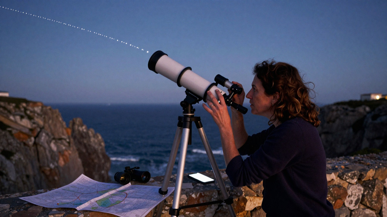 Woman using a telescope on a rocky coastline at dusk with star trail over the sea in the background.