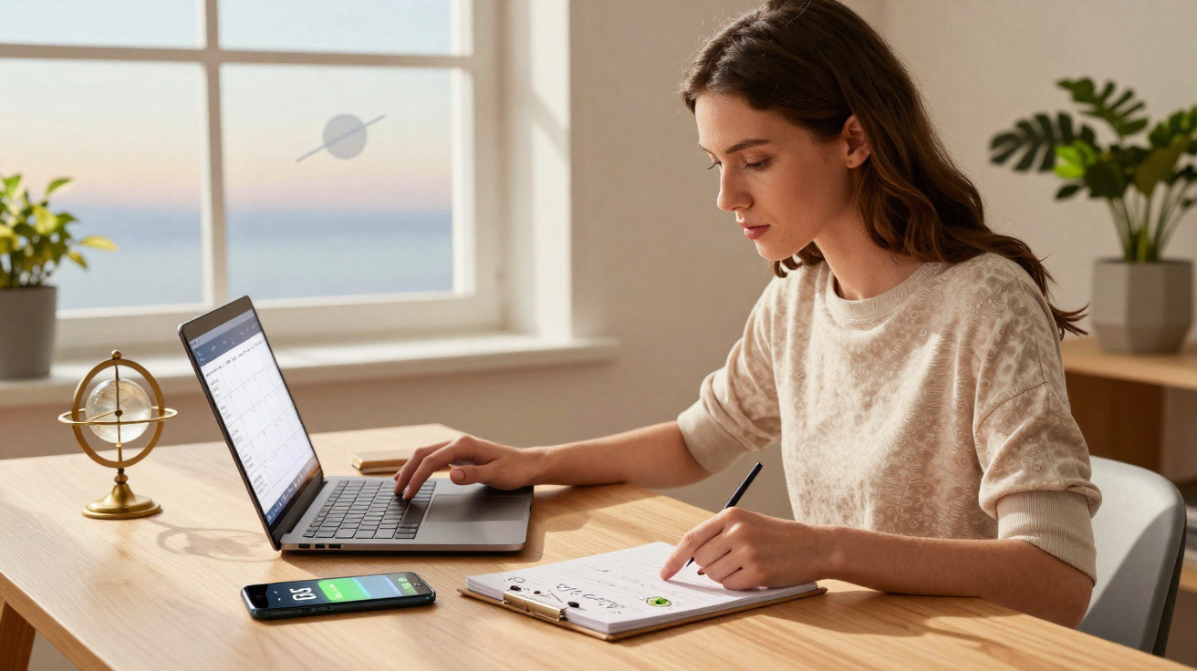 Woman working at wooden desk with laptop, smartphone, and notebook in a bright room with plants.