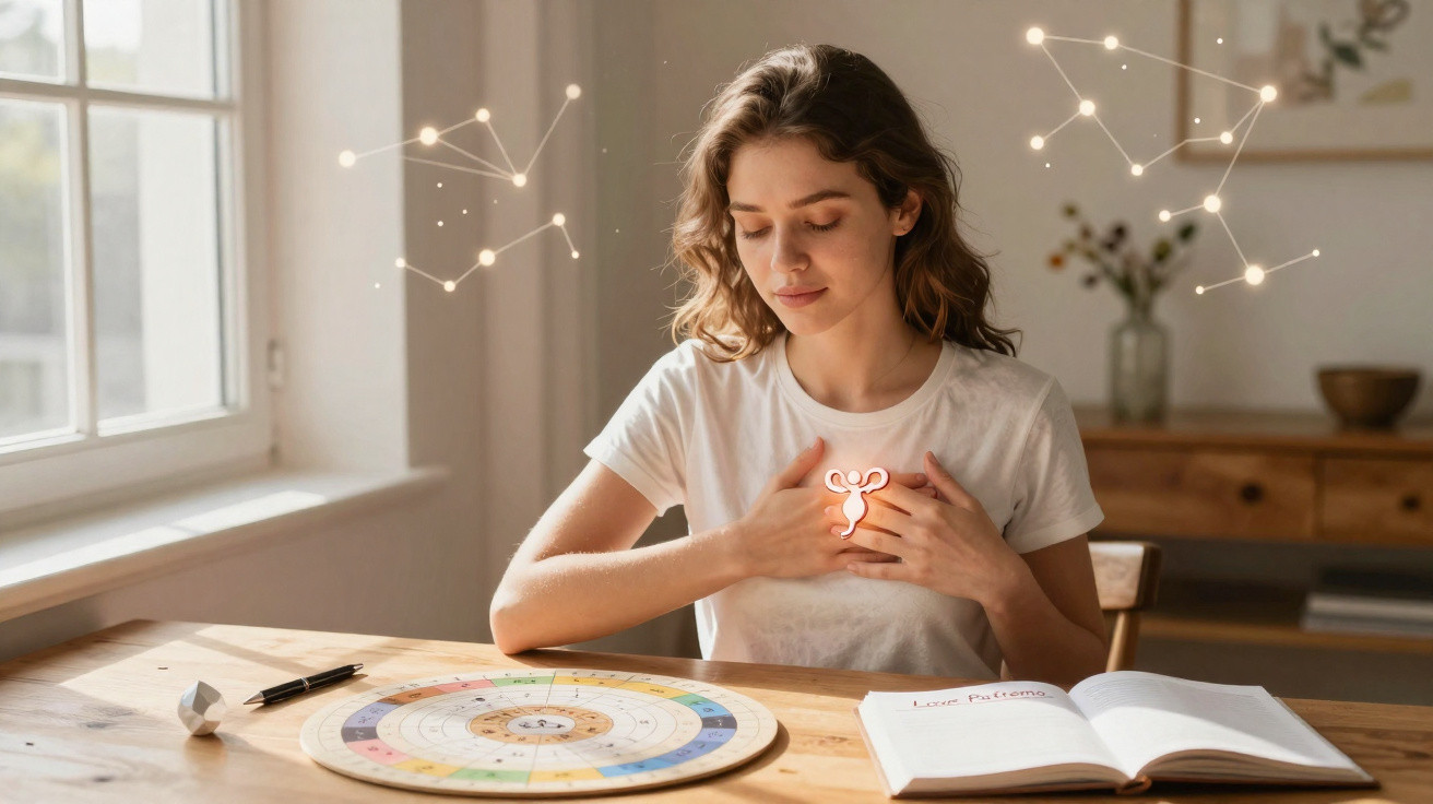 Young woman seated at table with astrology chart and book, focusing on glowing uterus symbol on chest.