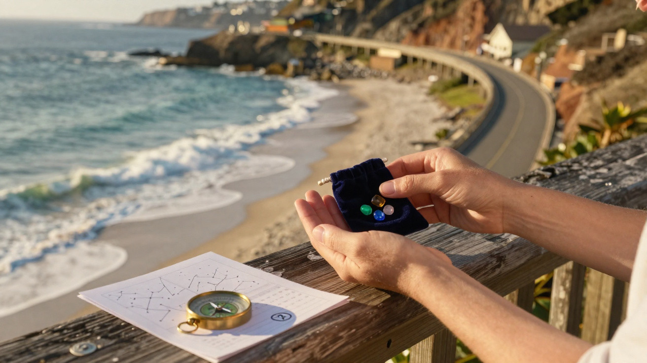 Hands holding a small velvet pouch with coloured stones by a coastal road, with a compass and star chart on a wooden railing.