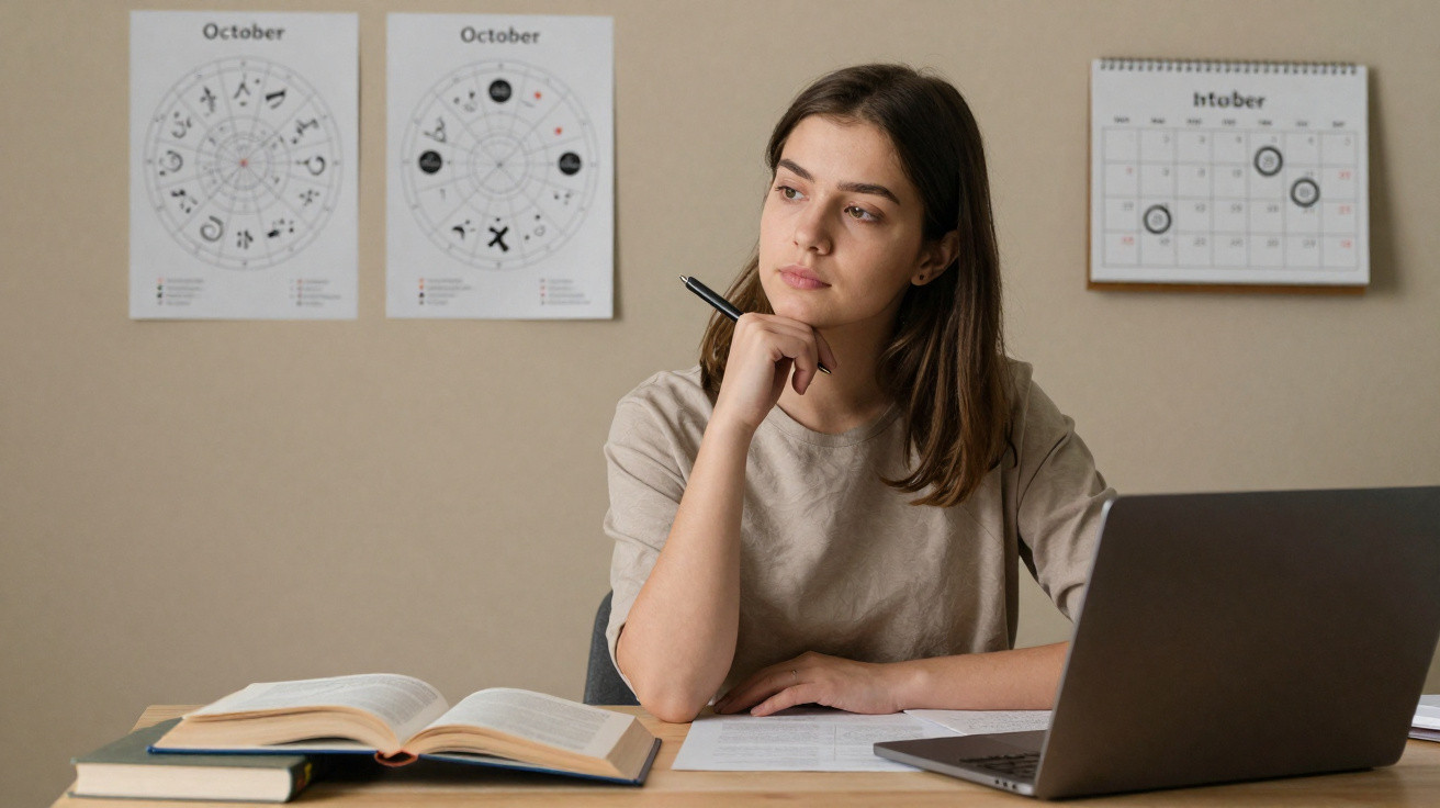 Young woman with pen in hand looking thoughtfully away while studying at desk with books and laptop.