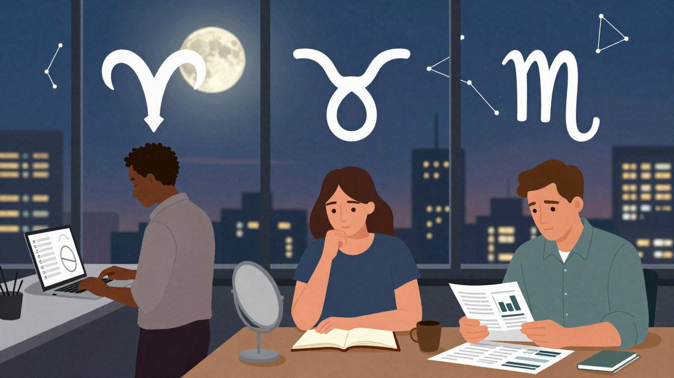 Three people working at night under Aries, Taurus, and Scorpio zodiac signs with cityscape and full moon outside.