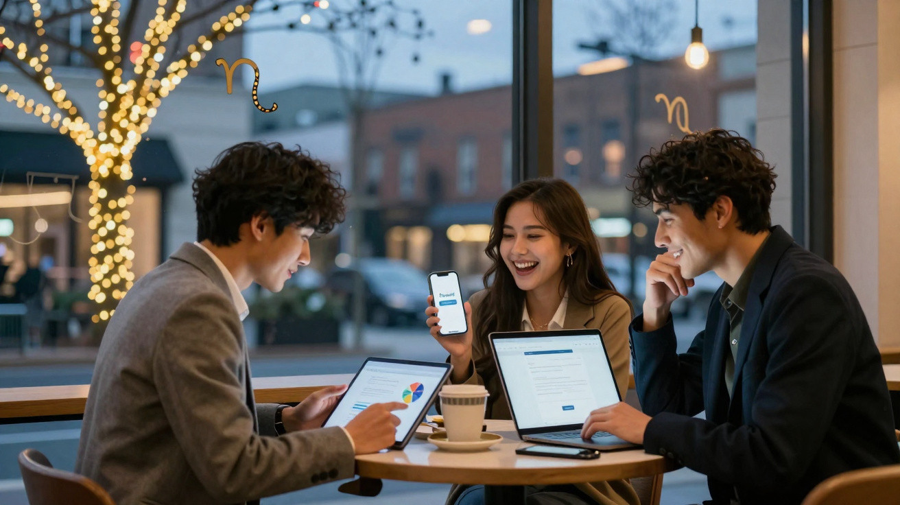 Three young adults working on laptops and a tablet at a café table with a phone showing a password app.