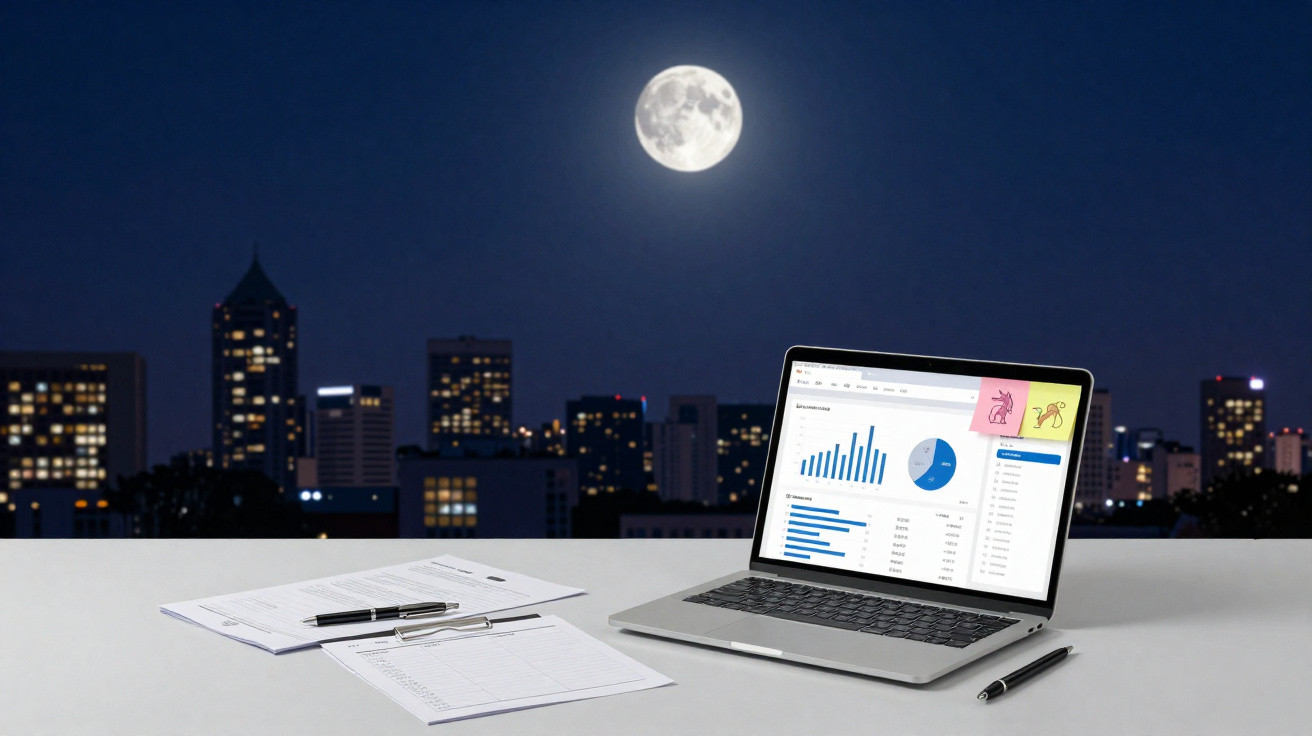 Laptop with data charts and notes on a desk against a city skyline under a full moon at night.