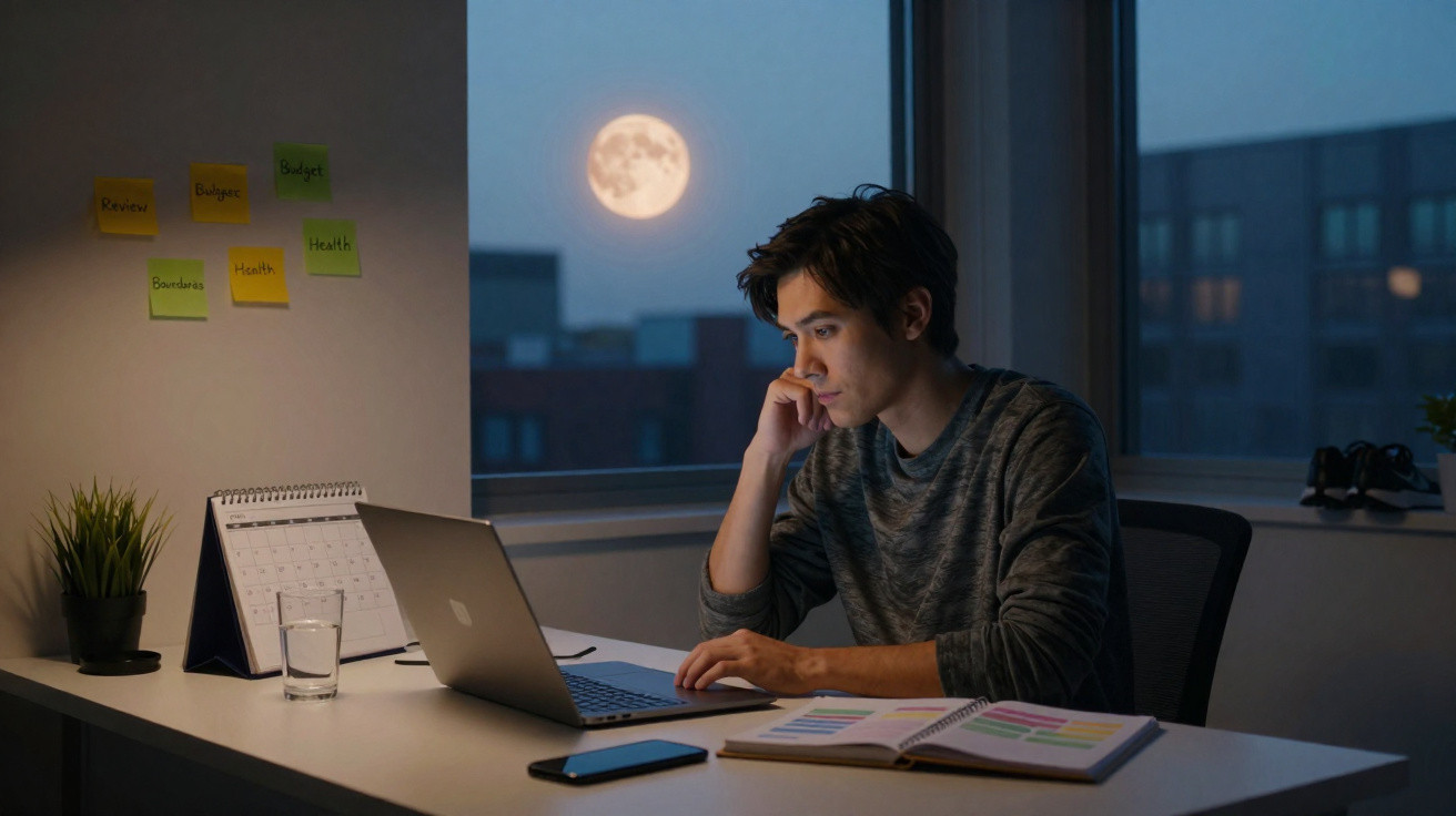 Young man working late on laptop at desk with full moon visible through window at night