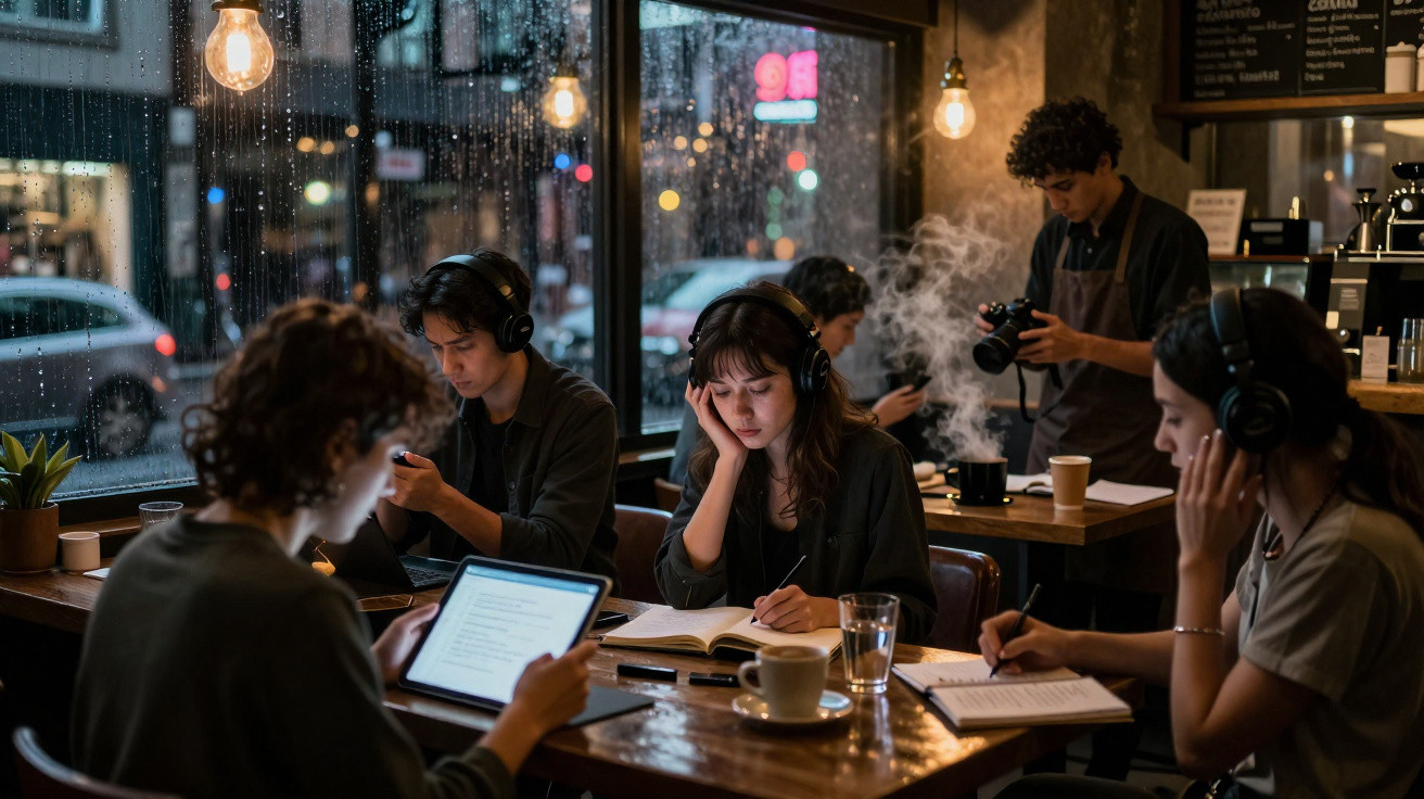 Group of people wearing headphones working and studying in a dimly lit coffee shop on a rainy evening.