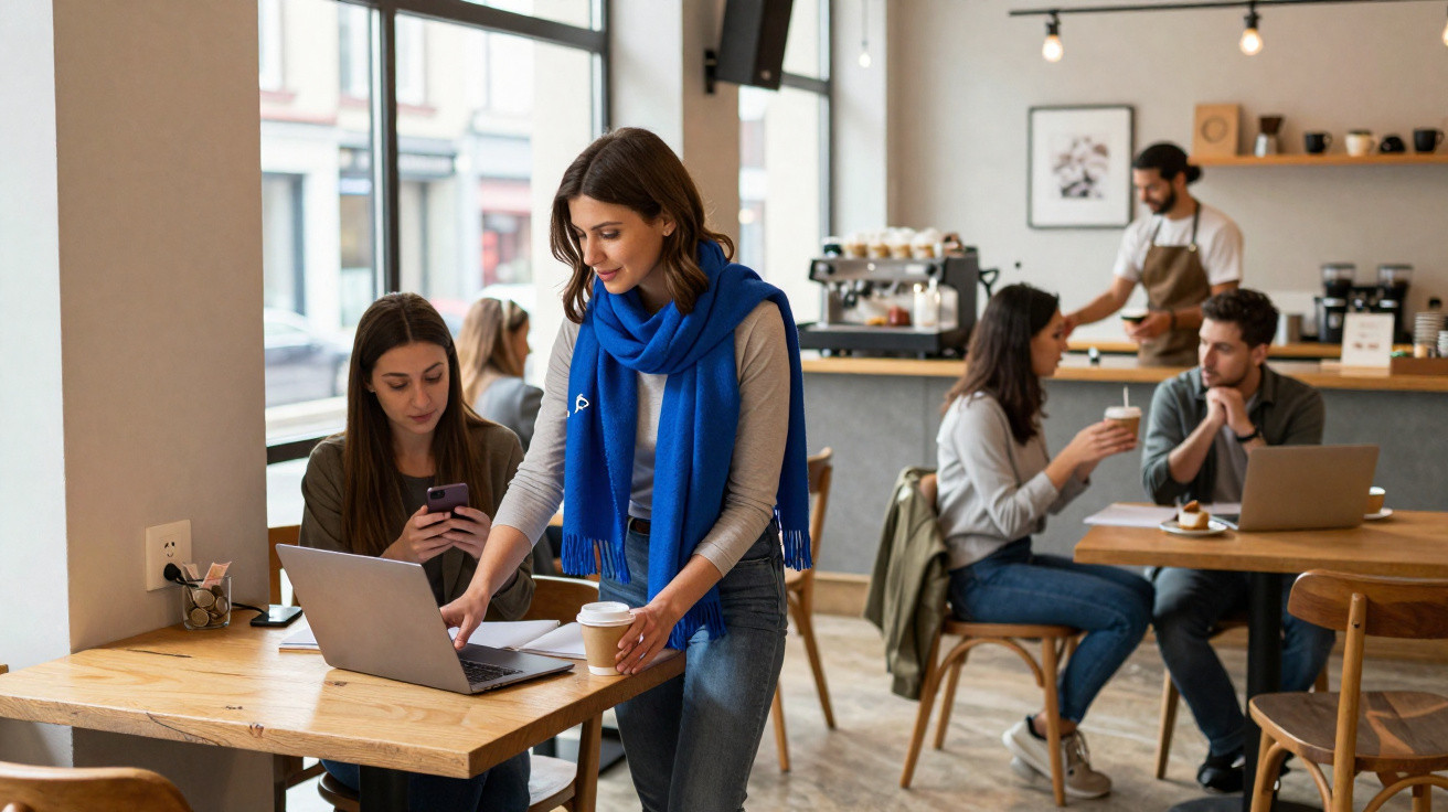 People working and socialising with laptops and coffee in a bright modern café.
