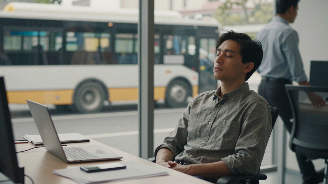 Man sitting with eyes closed at desk in office with laptop, bus visible outside window.