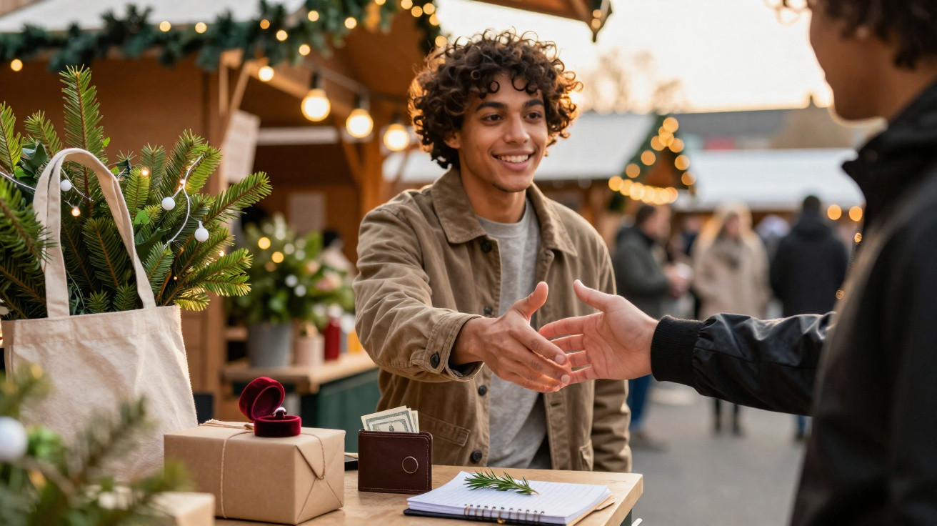 Young man smiling and shaking hands at an outdoor festive market stall with gifts and decorations.