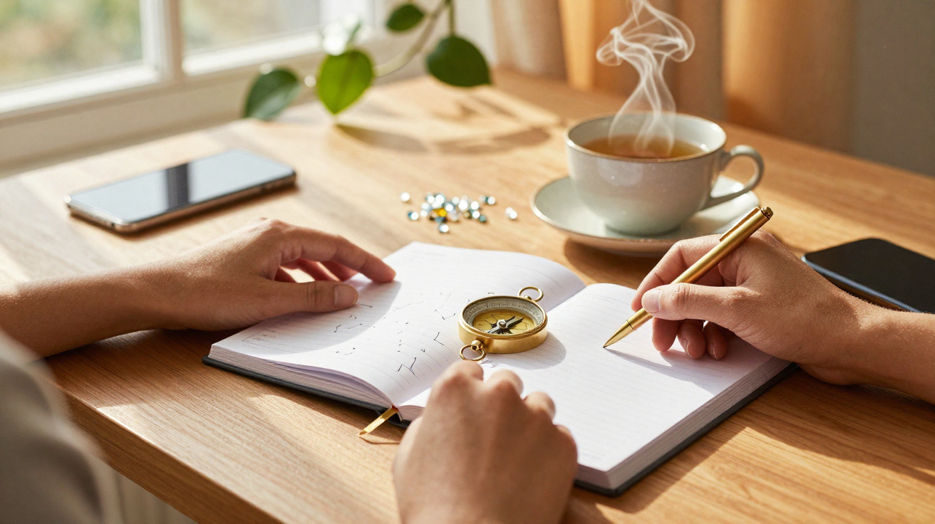 Person writing in a notebook with a compass on the page, a steaming cup of coffee, and two smartphones on a table.