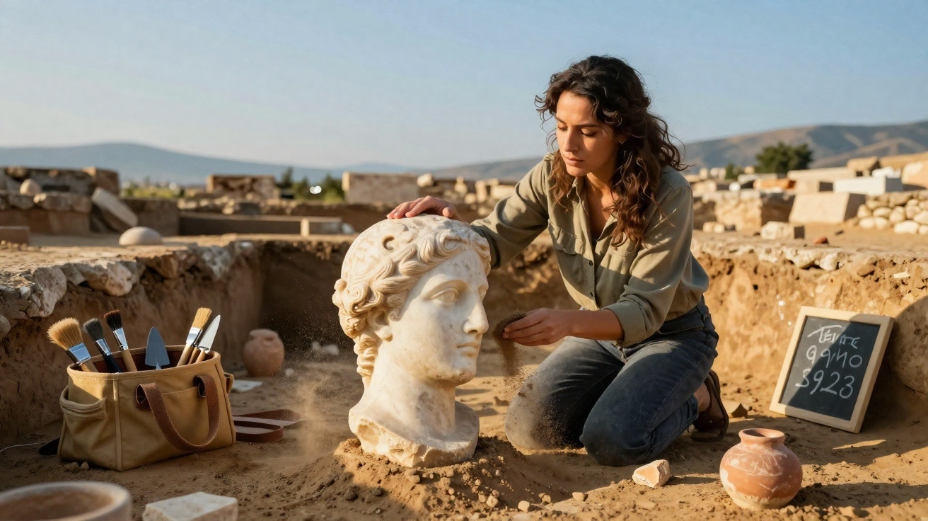 Archaeologist carefully excavating a large ancient marble head sculpture at an outdoor dig site.