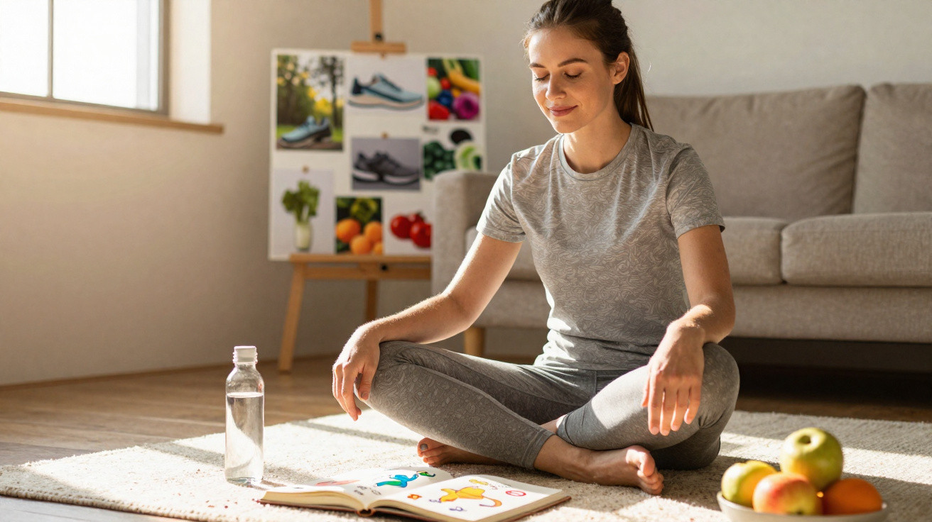 Young woman sitting cross-legged on a rug, reading a book with a water bottle and fruit bowl nearby in a bright room.