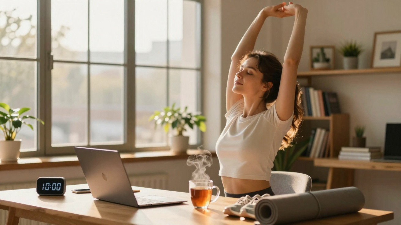 Woman stretching at a desk with a laptop, steaming cup of tea, and yoga mat in a bright home office.