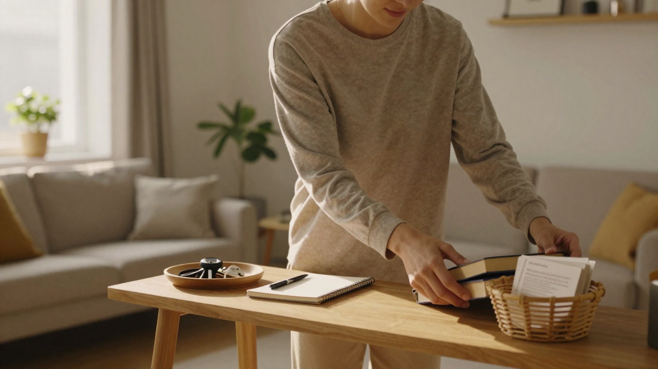 Person organising books into a wicker basket on a wooden table in a cosy living room.