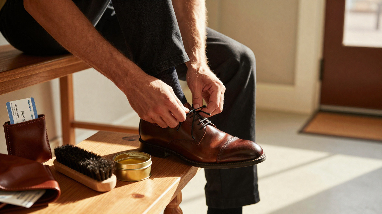 Person tying laces on polished brown leather shoes beside shoe care kit on wooden bench in sunlight.