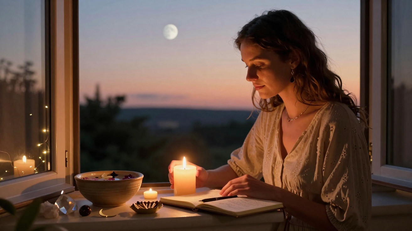 Woman writing by candlelight at an open window with a full moon and distant hills at dusk.