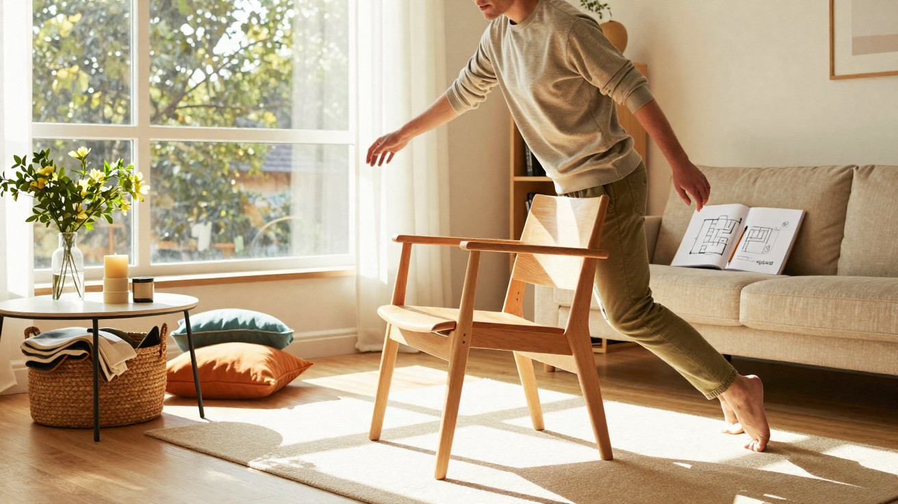Person performing a balance exercise on one leg beside a wooden chair in a bright living room.