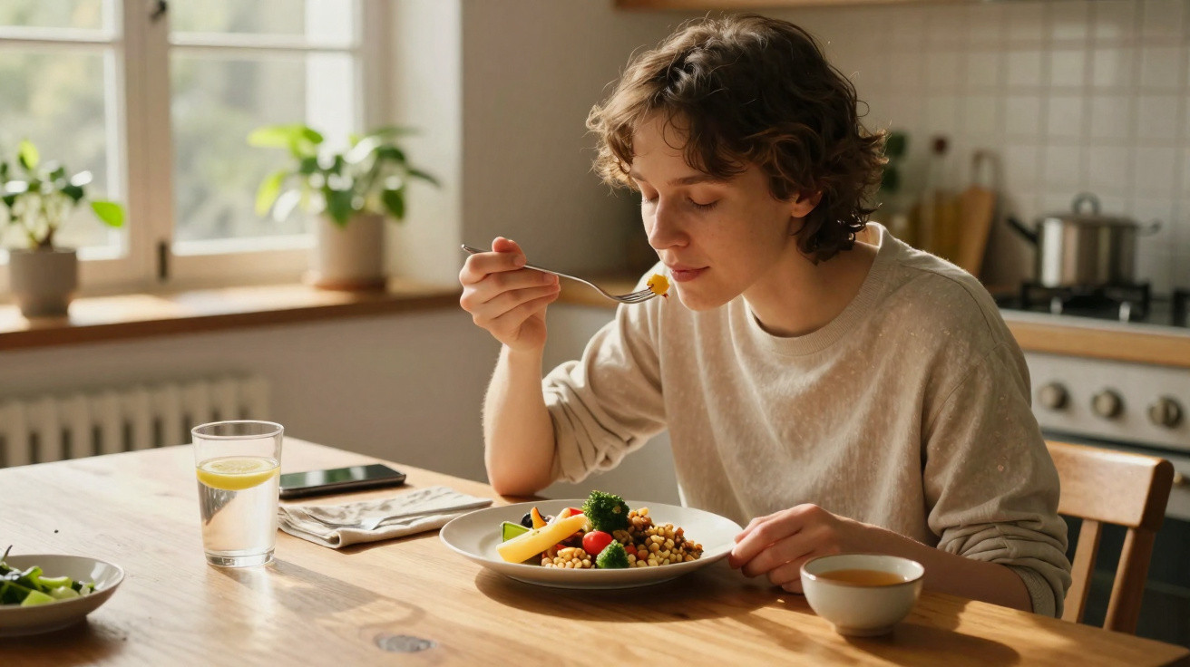 Young person eating a healthy meal at a wooden kitchen table with natural light coming through the window