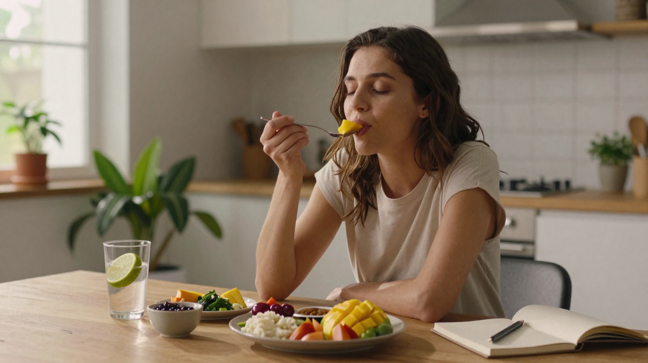 Woman enjoying a bite of mango at a kitchen table with plates of fruit, vegetables, and a glass of water with lime.