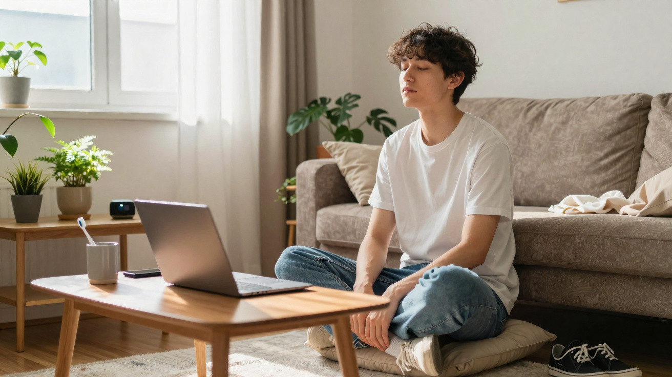 Young man meditating with eyes closed in a bright living room, sitting cross-legged on a cushion by a coffee table.