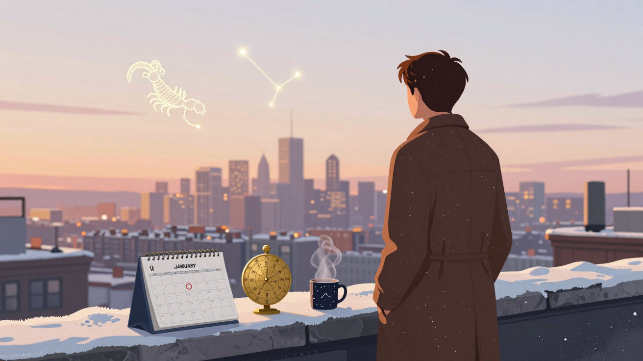 Man in coat on snowy rooftop at sunset with calendar, compass, steaming mug, and zodiac constellations in sky