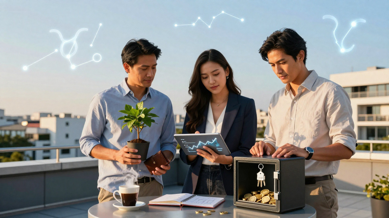 Three young adults discussing investment ideas on a rooftop with a safe, plant, and tablet with graphs.