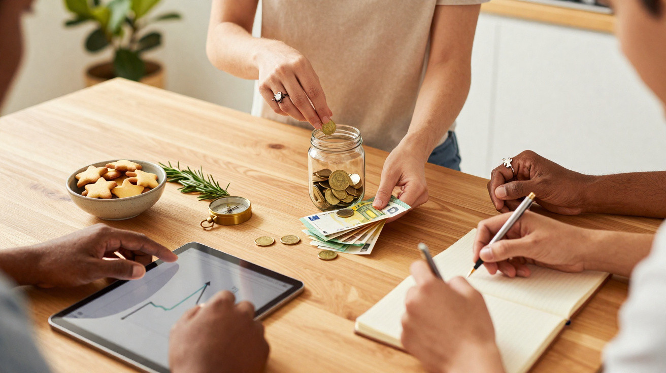 Three people managing money with coins, euro notes, a tablet showing a graph, and a notebook on a wooden table.