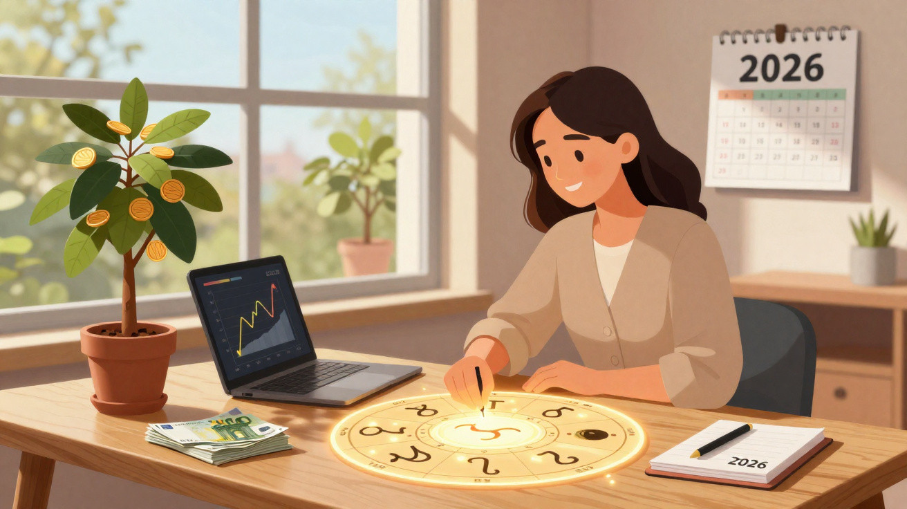 Woman using a glowing zodiac chart on a desk with a laptop, money plant, and 2026 calendar in the background.