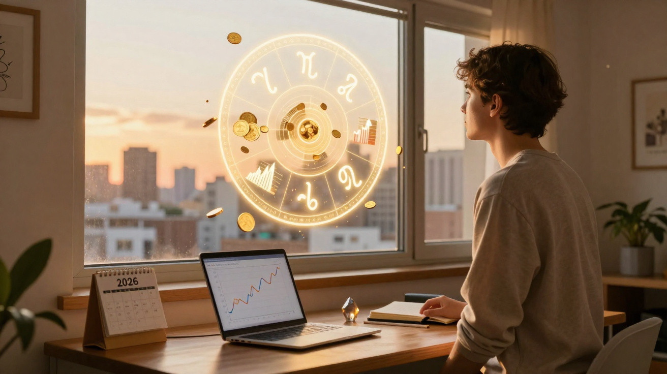 Young person sitting at desk looking at glowing zodiac chart floating outside window at sunset.