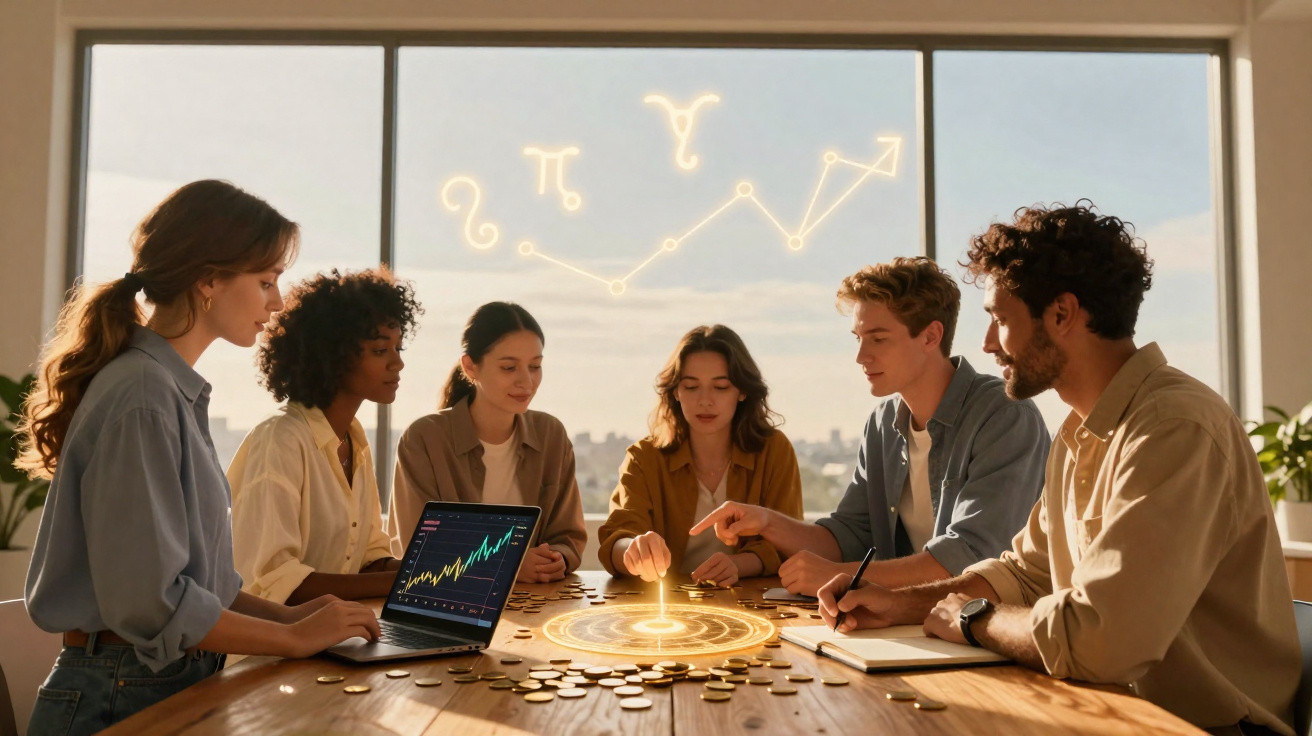 Group of six young adults around a table with coins, laptop showing stock chart, and astrological symbols in background.
