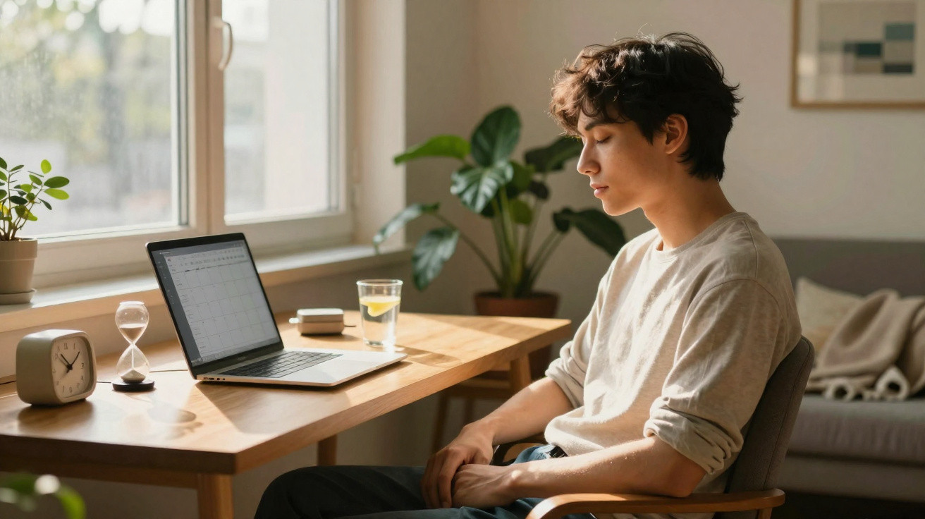 Young man sitting thoughtfully at a wooden desk with a laptop, hourglass, clock, and glass of water by a bright window.