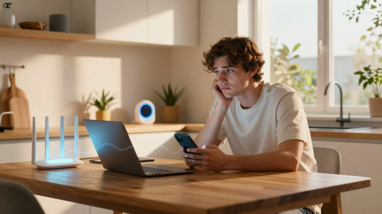 Young man looking at phone with laptop and glowing Wi-Fi router on kitchen table in natural light.