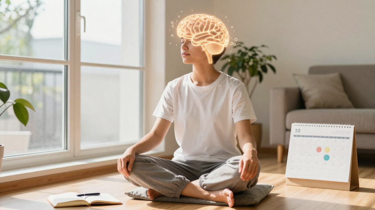 Person meditating indoors with a glowing brain illustration above their head symbolising mindfulness and mental focus.