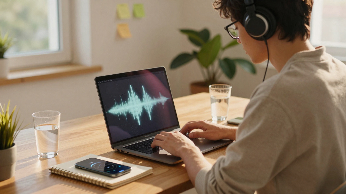 Person wearing headphones and glasses working on laptop with audio waveform on screen at wooden desk
