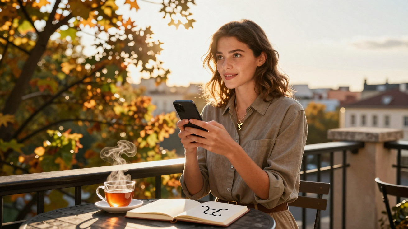Young woman using smartphone with a steaming cup of tea and open notebook on outdoor café table at sunset