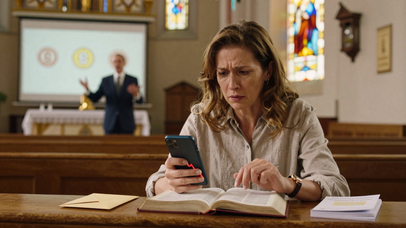 Woman looking confused at her phone while reading an open book in a church with a speaker in the background.