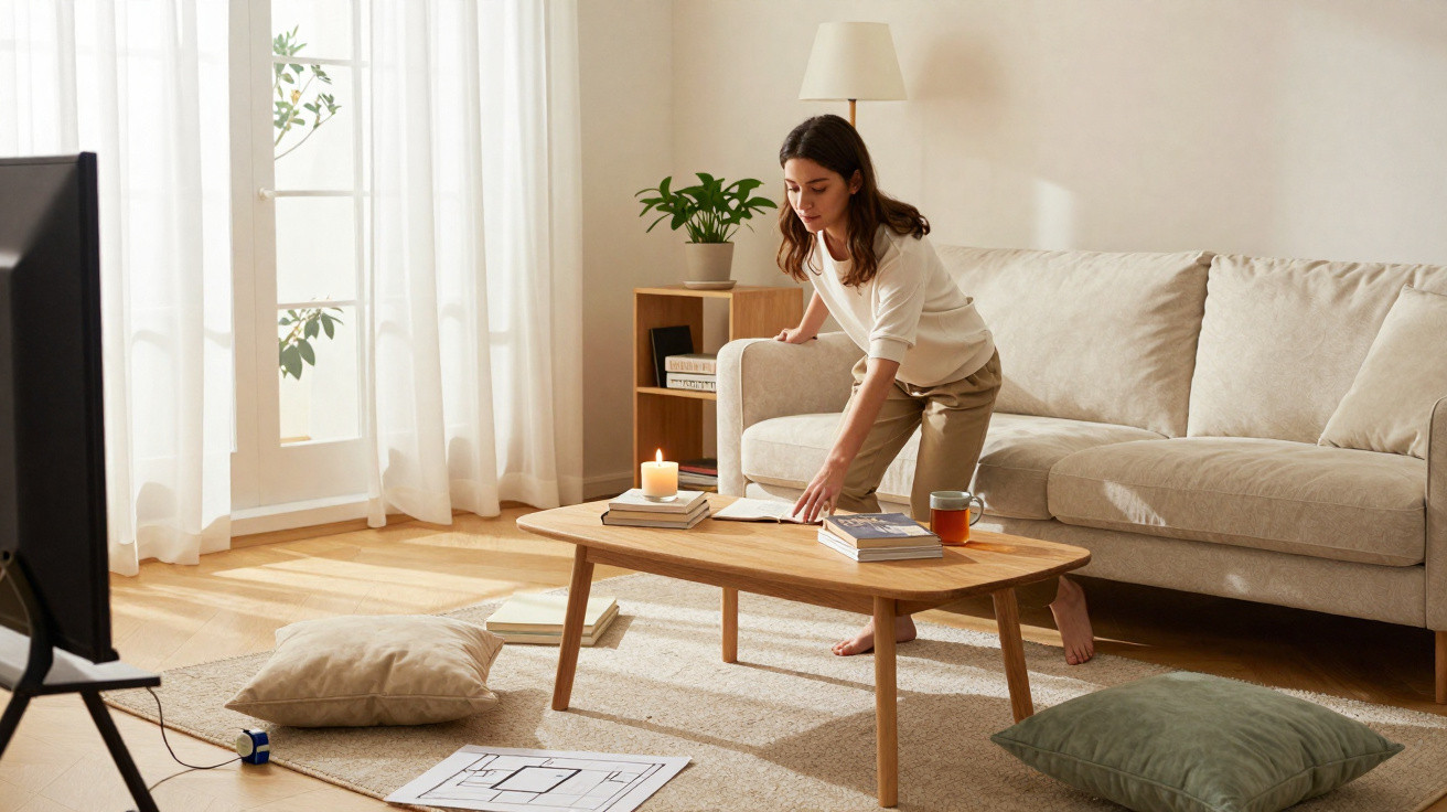 Woman arranging books on a wooden coffee table in a bright, cosy living room with cushions on the floor.