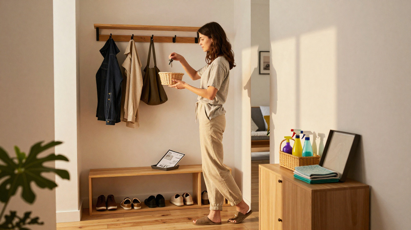 Woman standing in a hallway holding a small basket near wall hooks with coats and bags hanging.