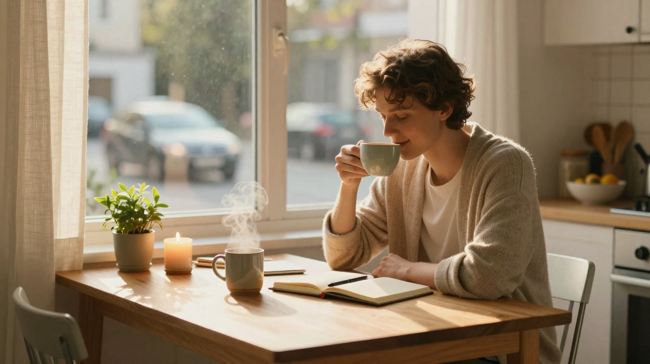 Person sitting at a wooden table by a window, sipping a hot drink with an open notebook nearby.
