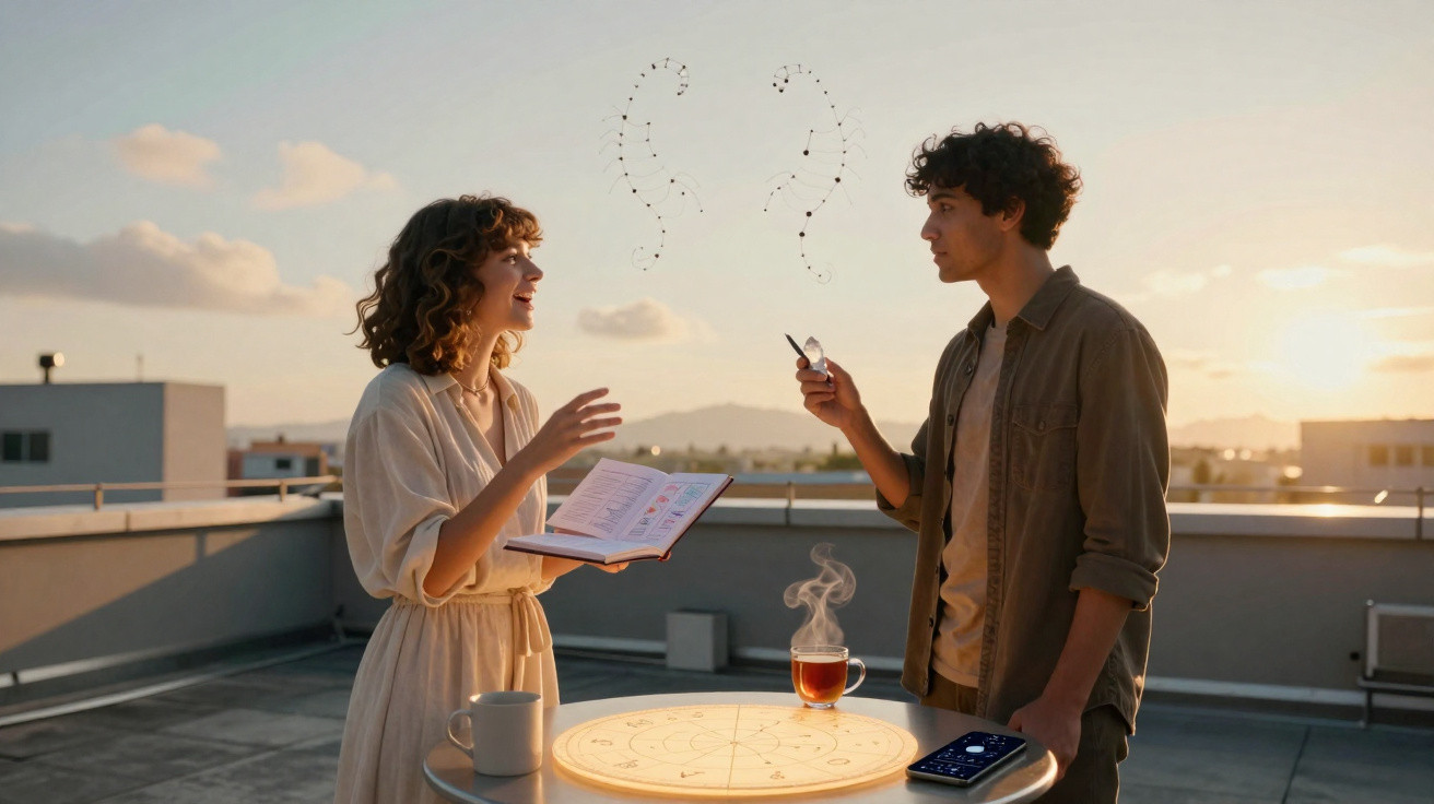 Two people on a rooftop at sunset using a glowing zodiac chart and holding a book and phone.