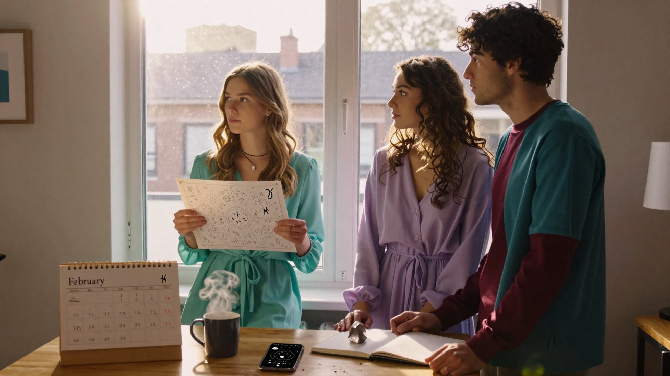 Three young adults standing by a window, one holding an astrology chart, with a calendar and steaming mug on the table.