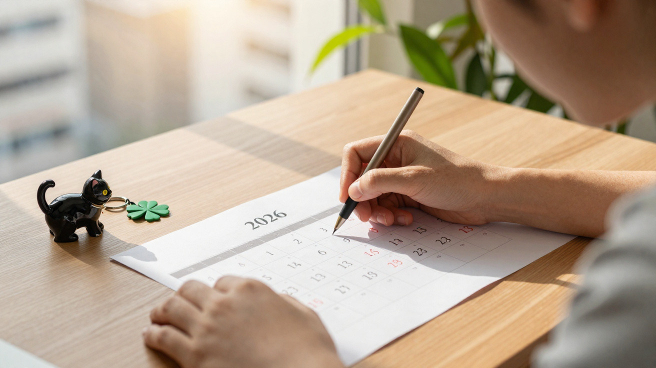 Person marking dates on a 2026 calendar placed on a wooden desk next to a black cat figurine with a four-leaf clover keychain