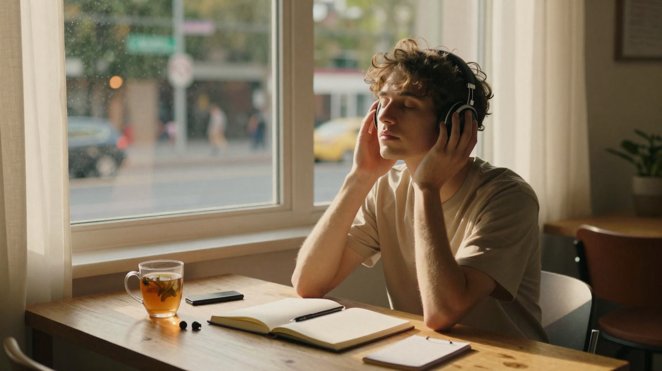 Person with curly hair wearing headphones, eyes closed, sitting at a table by a window with tea and notebooks.