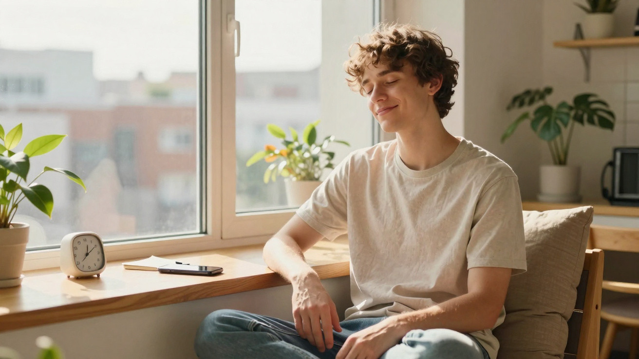 Young man sitting cross-legged on a chair by a sunny window with plants and a clock on the windowsill