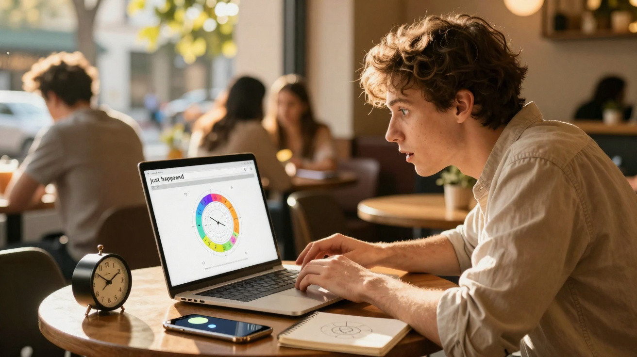 Young man focused on laptop displaying a colourful clock chart in a café with a vintage clock and phone nearby.