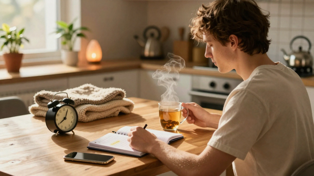 Young person writing in a notebook while holding a steaming cup of tea at a wooden kitchen table.