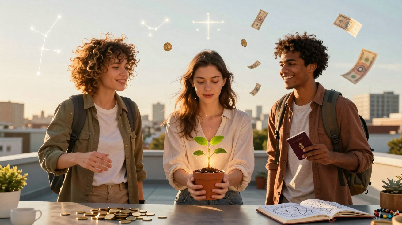 Three young adults on a rooftop with flying money and constellations, focusing on a potted plant glowing with light.