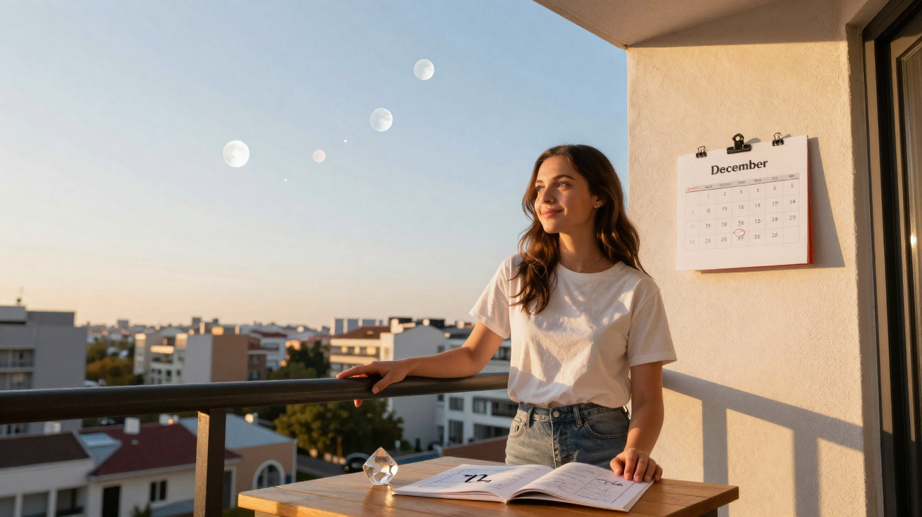 Young woman standing on balcony with December calendar, book, and moons in the clear sky at sunset.