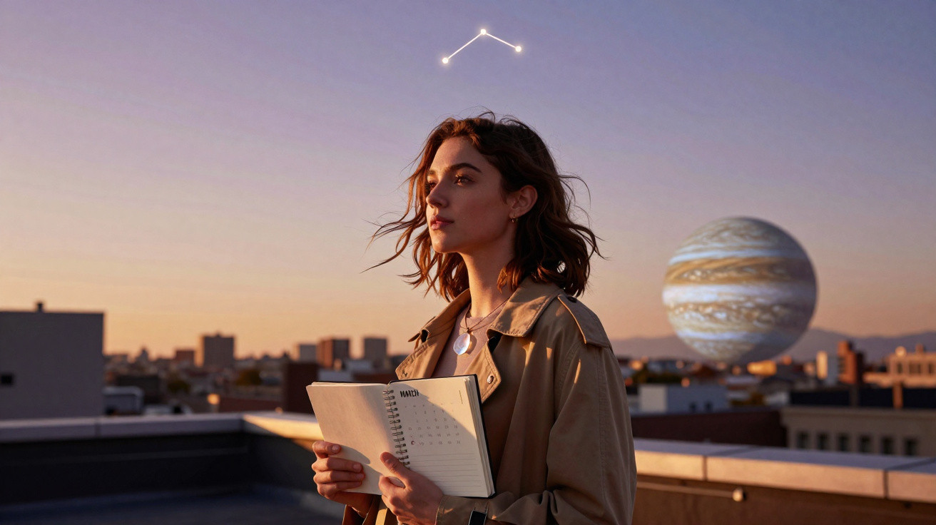 Woman holding an open planner on a rooftop at sunset with a constellation and planet Jupiter in the sky above.