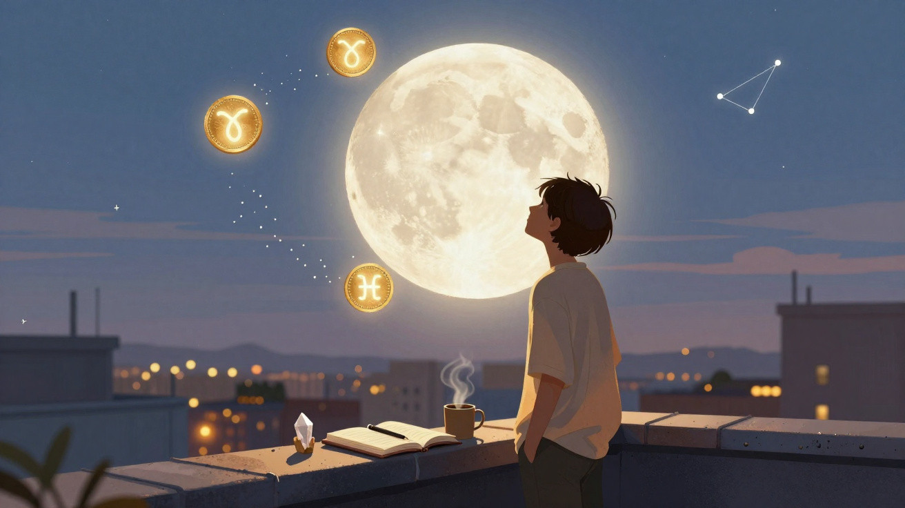 Young person stands on rooftop at night, gazing at full moon with astrological symbols floating nearby.